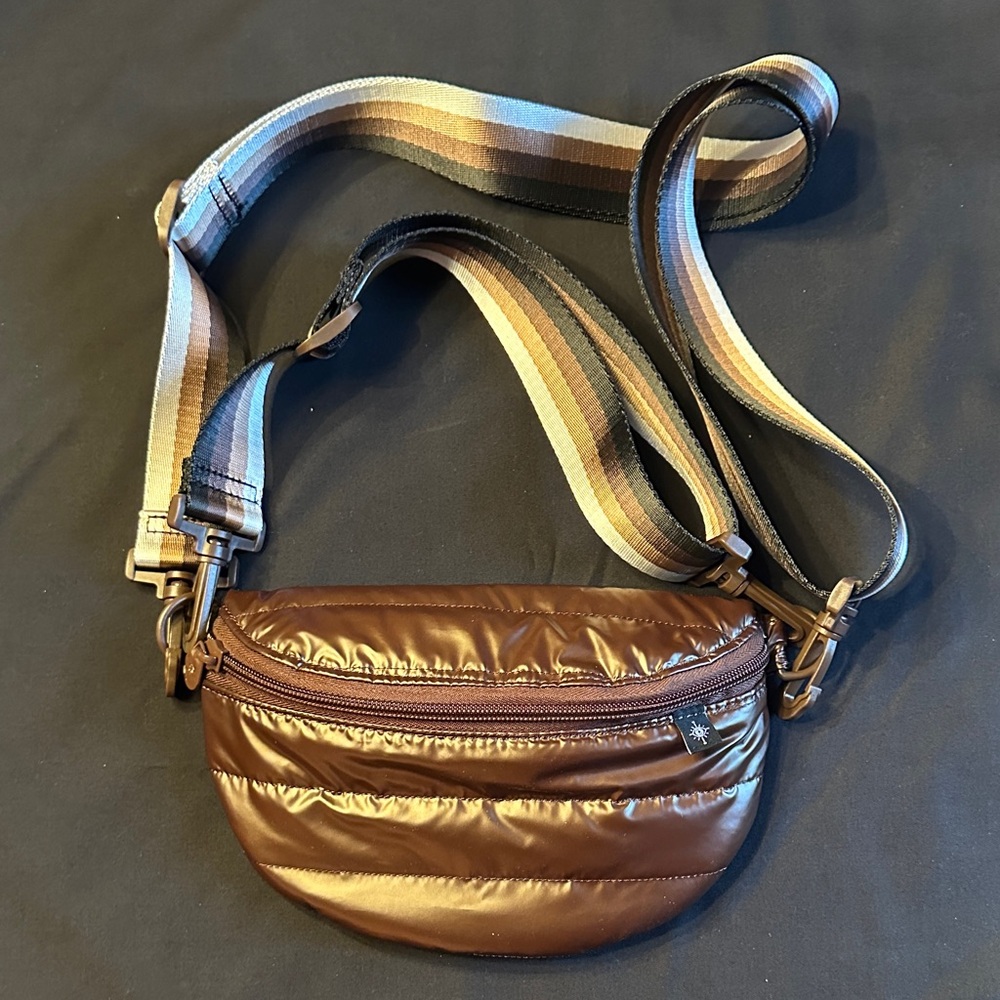 Brown Quilted Crossbody Bag with Striped Strap